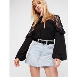 Free People Little Bit of Love Lace Crochet Whimsygoth Ruffle Long Sleeve Blouse